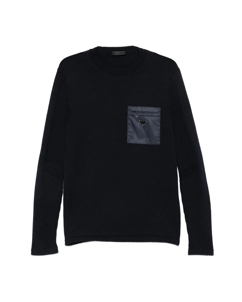 Prada Logo-plaque Zip-pocket Wool Jumper Blue