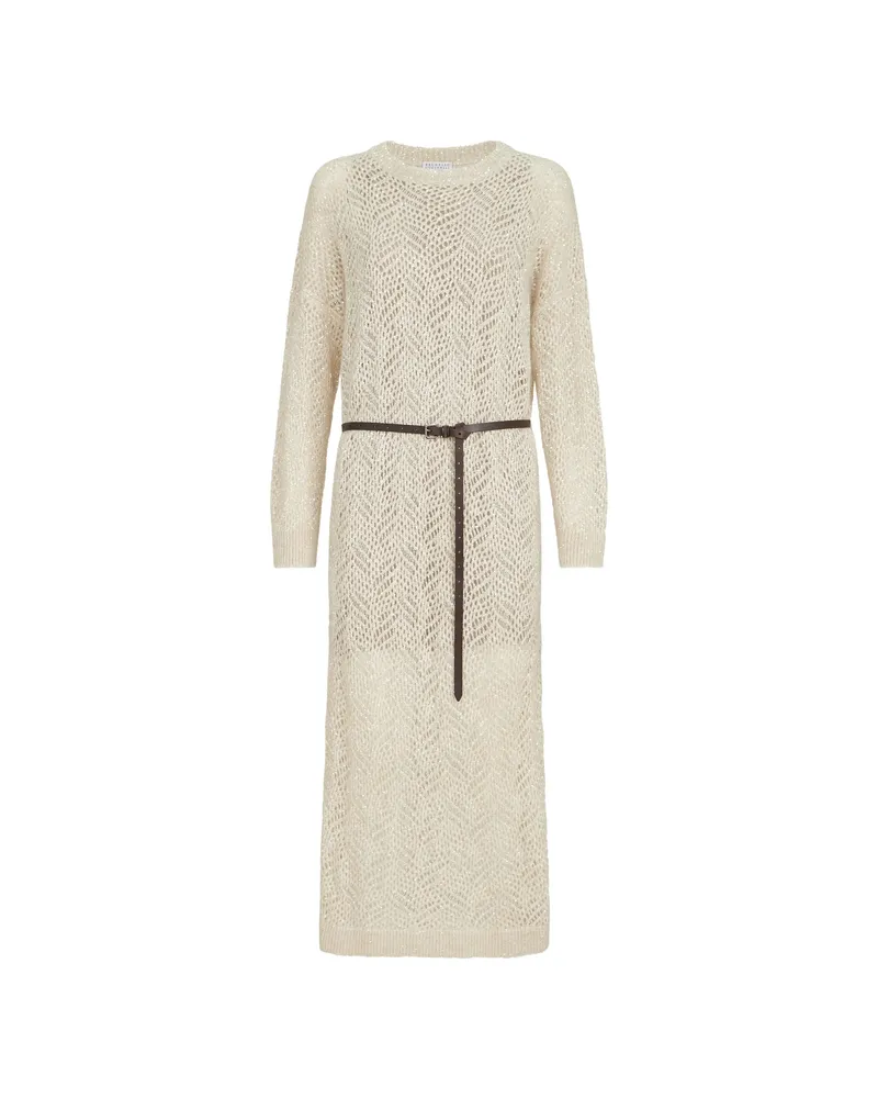 Brunello Cucinelli Dazzling Abstract Leaf Knit Dress In Mohair And Wool Neutrals