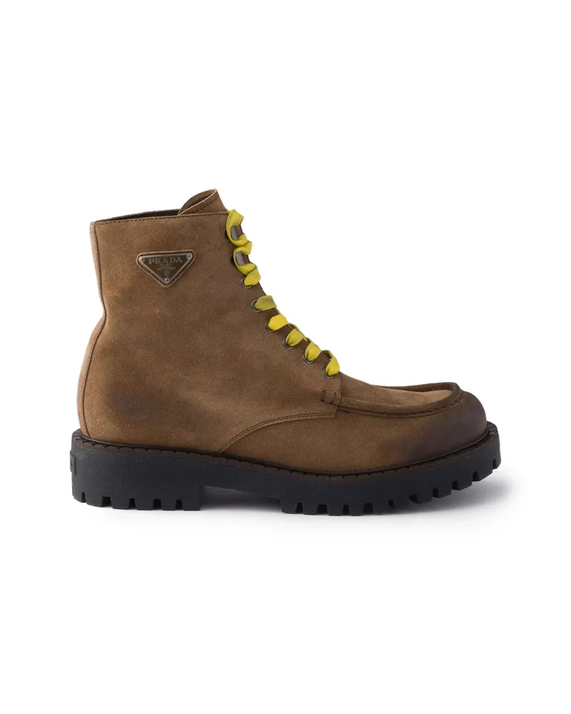 Prada Aged Suede Lace-up Ankle Boots Brown