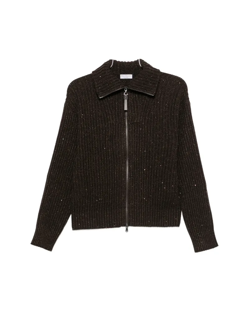 Brunello Cucinelli Sequin-embellished Ribbed Cardigan Brown