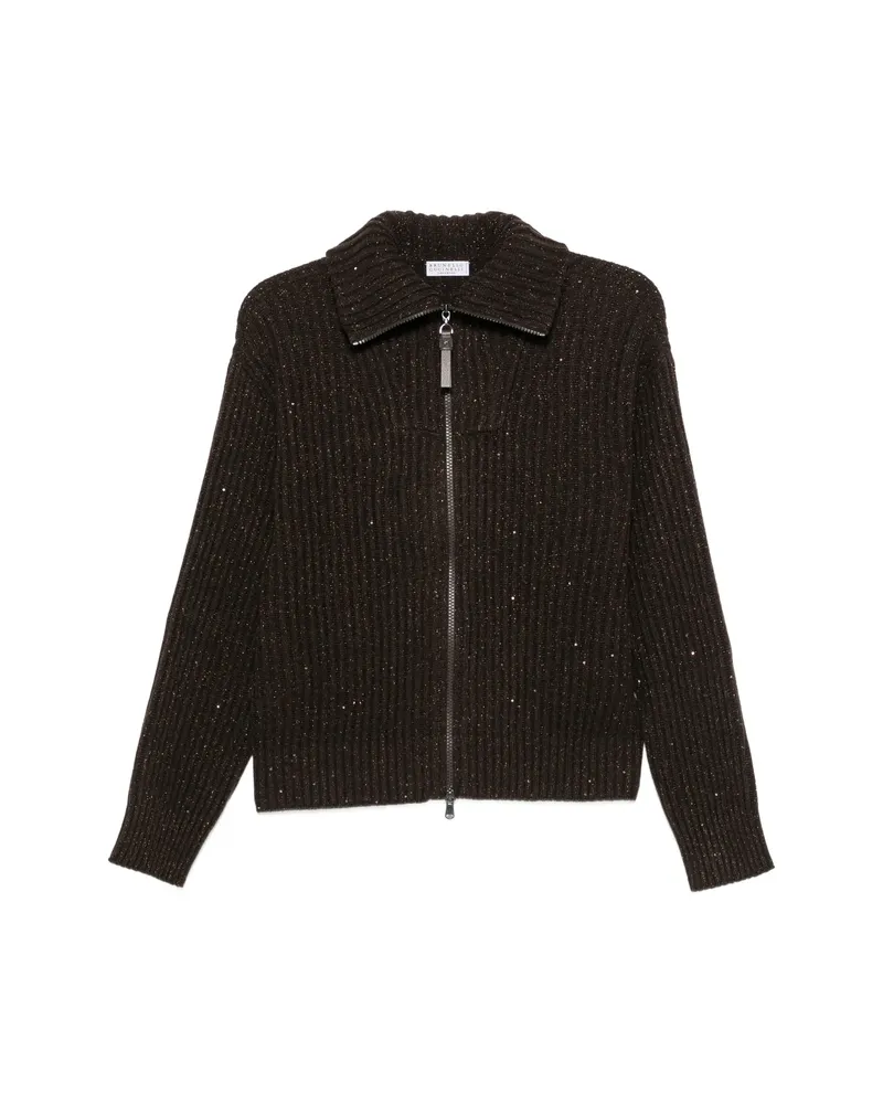 Brunello Cucinelli Sequin-embellished Ribbed Cardigan Brown