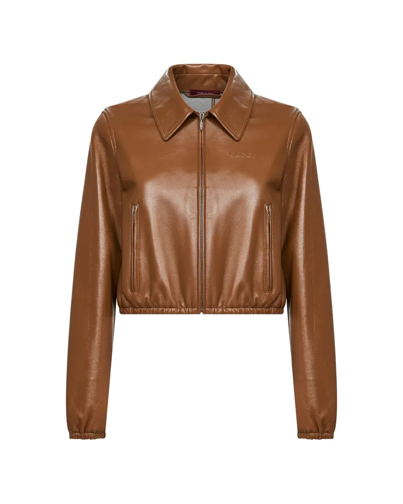 Gucci Embossed-logo Leather Jacket Brown