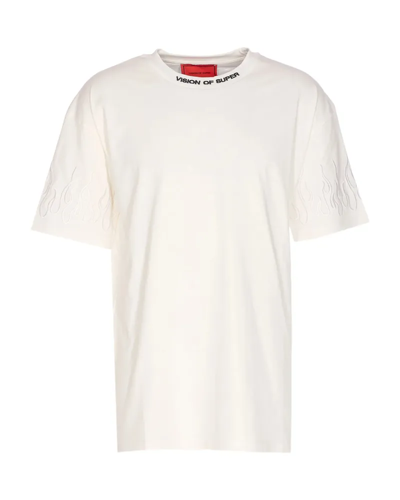 Vision Of Super Flame-embroidered Crew Neck T-shirt White