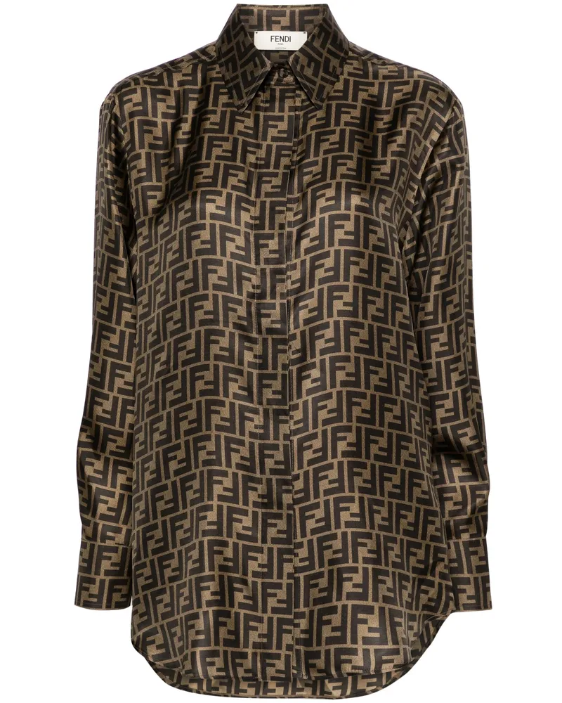 Fendi FF-logo Print Silk Shirt Brown