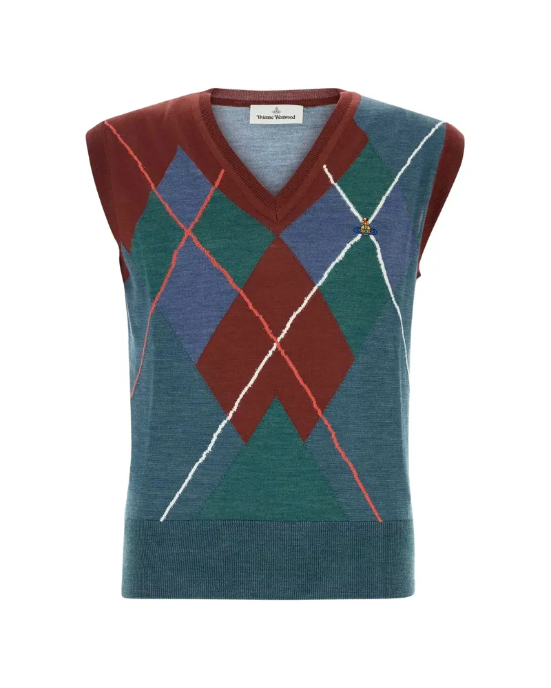 Vivienne Westwood Embroidered Wool Blend Argyle Vest Blue