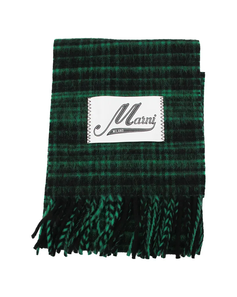Marni Check-pattern Fringed Scarf Green