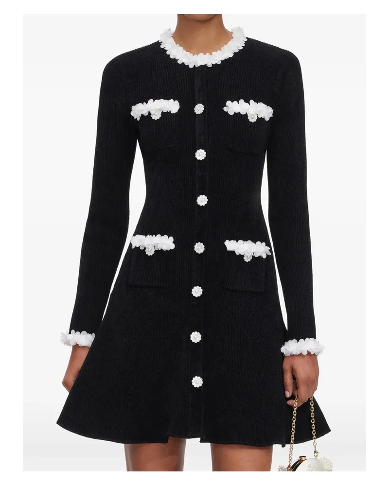 Self-Portrait Black Chenille Knit Flower-trim Mini Dress Black