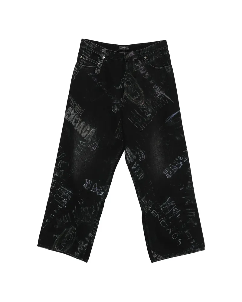 Balenciaga Graphic-pattern Wide-leg Jeans Black
