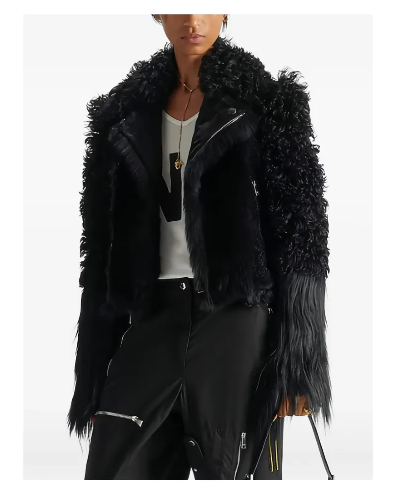Fendi Black Patchwork Shearling Biker Jacket Black