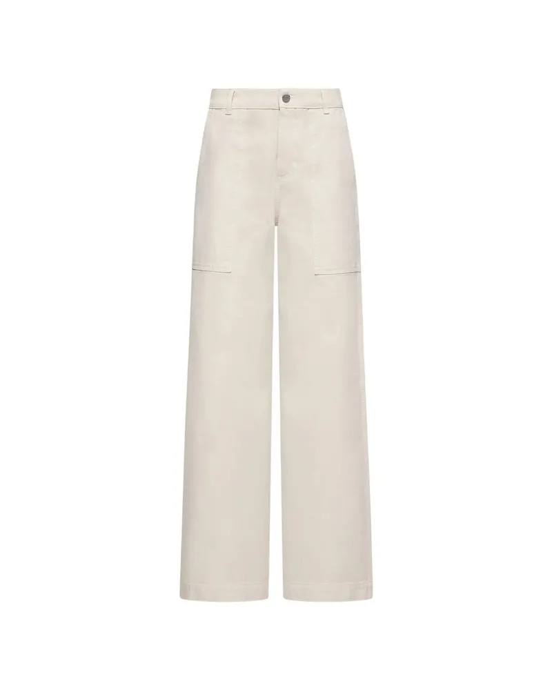 Moncler Leather Logo Cotton Trousers Neutrals