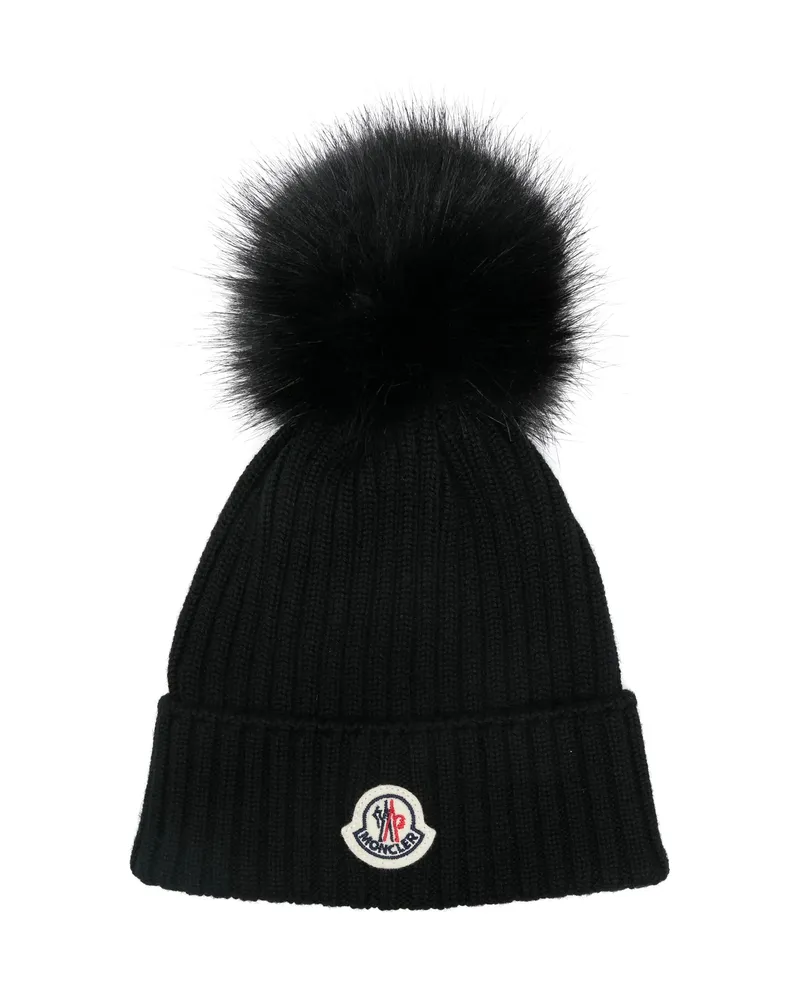Moncler Pom-pom Logo-patch Beanie Hat Black
