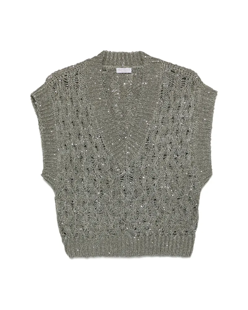 Brunello Cucinelli Sequin V-neck Knitted Vest Grey