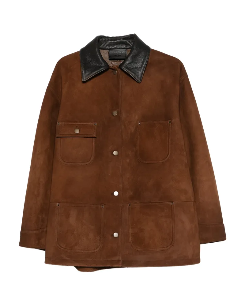 Prada Logo-detail Suede Jacket Brown