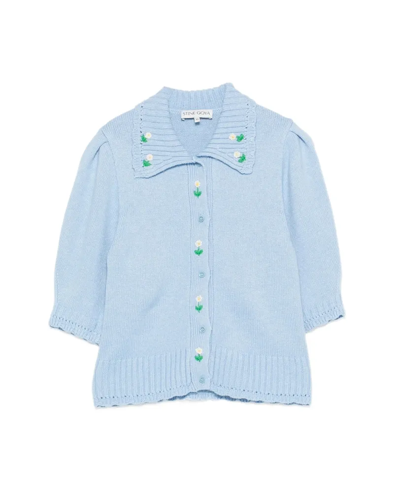 Stine Goya Floral-embroidered Puff-sleeve Cardigan Blue