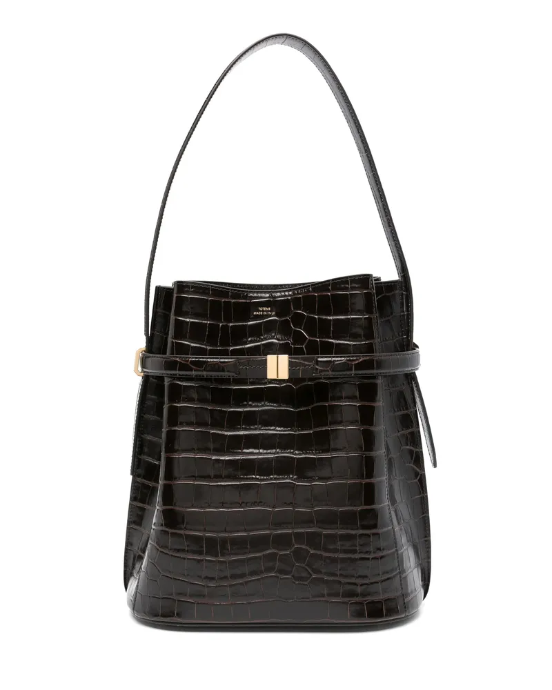 Totême Belted Crocodile-embossed Bucket Bag Brown