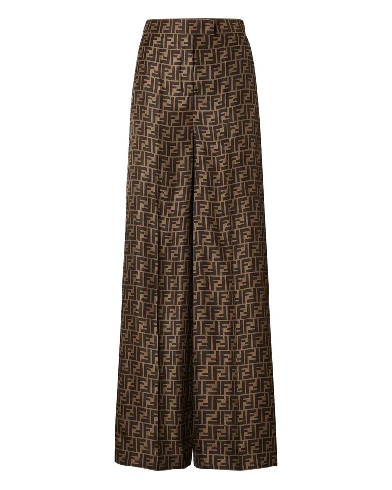 Fendi FF-monogram Pleated Silk Trousers Brown