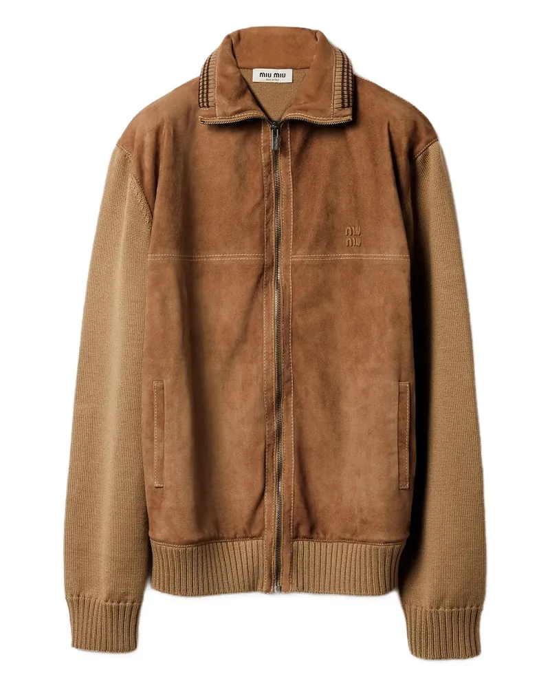 Miu Miu Suede-insert Ribbed Cardigan Brown