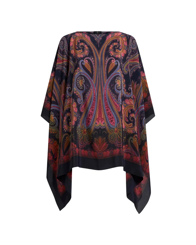 Etro Silk Poncho Top With Paisley Degradé Motif Blue