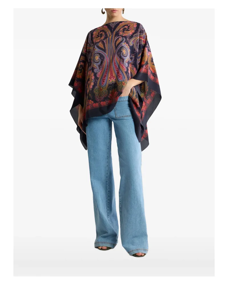 Etro SILK PONCHO TOP WITH PAISLEY DEGRADÉ MOTIF Blue