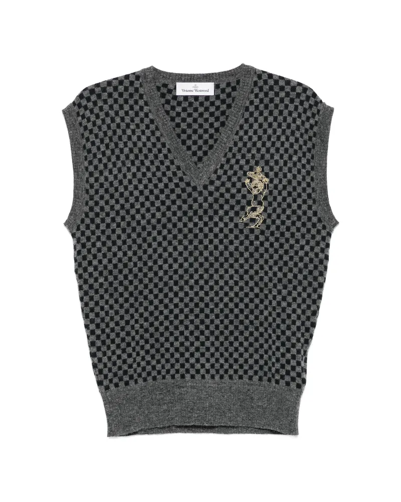 Vivienne Westwood Checkerboard-knit Orb-embroidered Sleeveless Sweater Grey