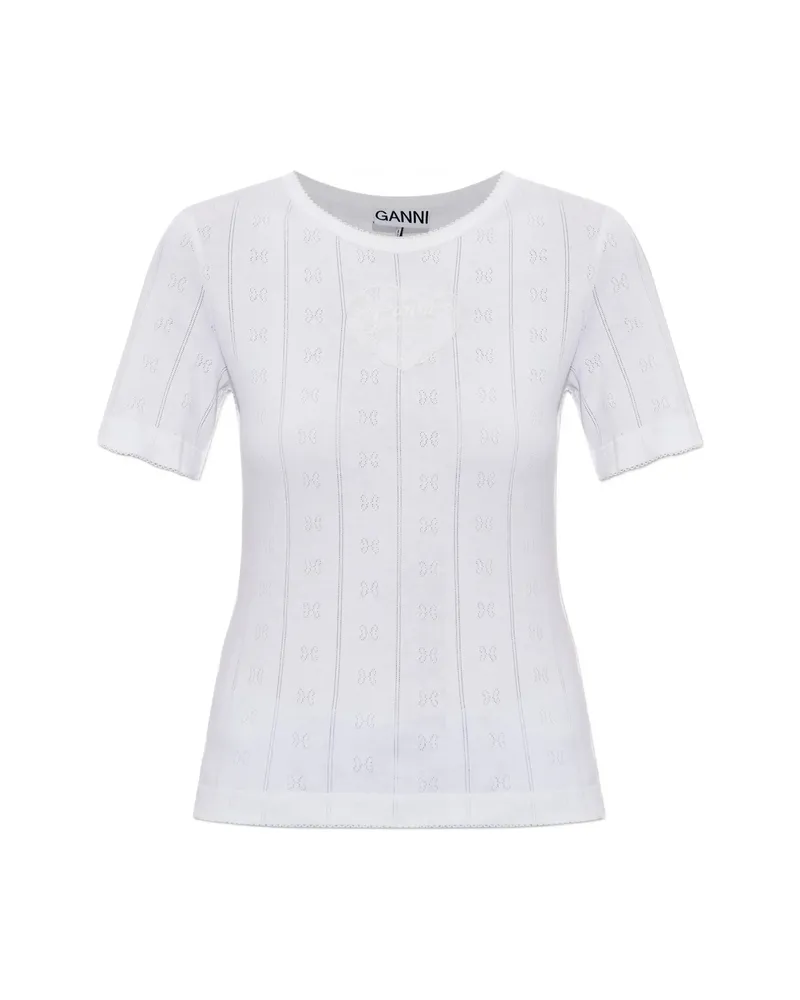 Ganni Pointelle-knit Logo-patch T-shirt White