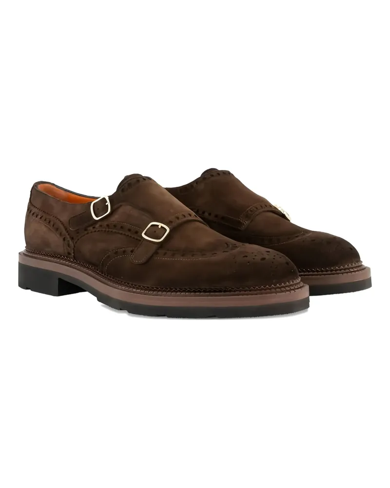 Santoni Double-buckles Suede Monk Shoes Brown