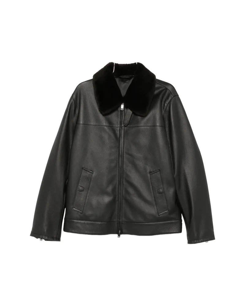 Brioni Faux-fur Collar Leather Jacket Black