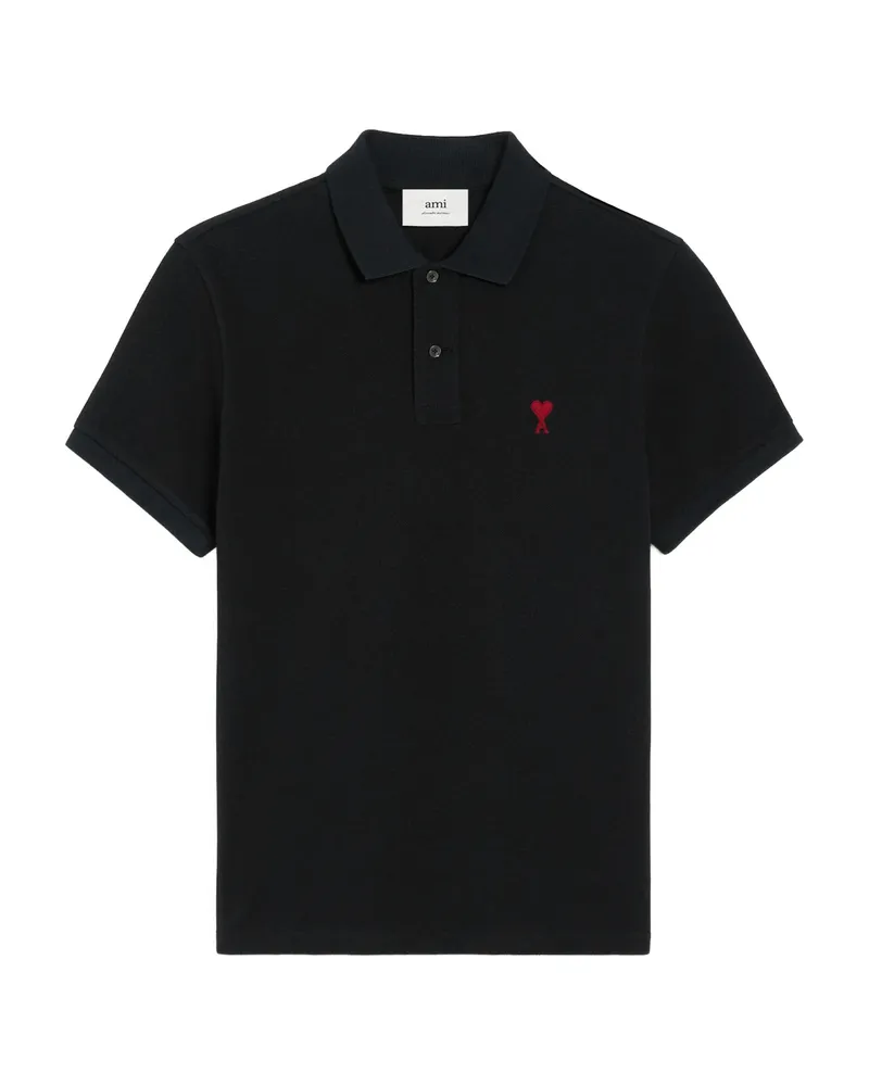 AMI Paris De Coeur Monogram Logo-embroidered Black Polo Shirt Black
