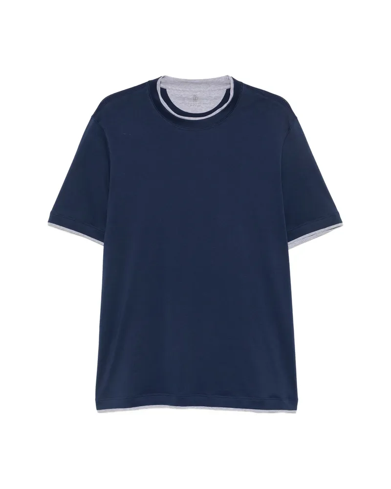 Brunello Cucinelli Contrast-trim Cotton T-shirt Blue