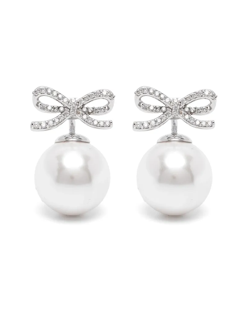 Self-Portrait Crystal-embellished Bow Pearl Earrings Silver