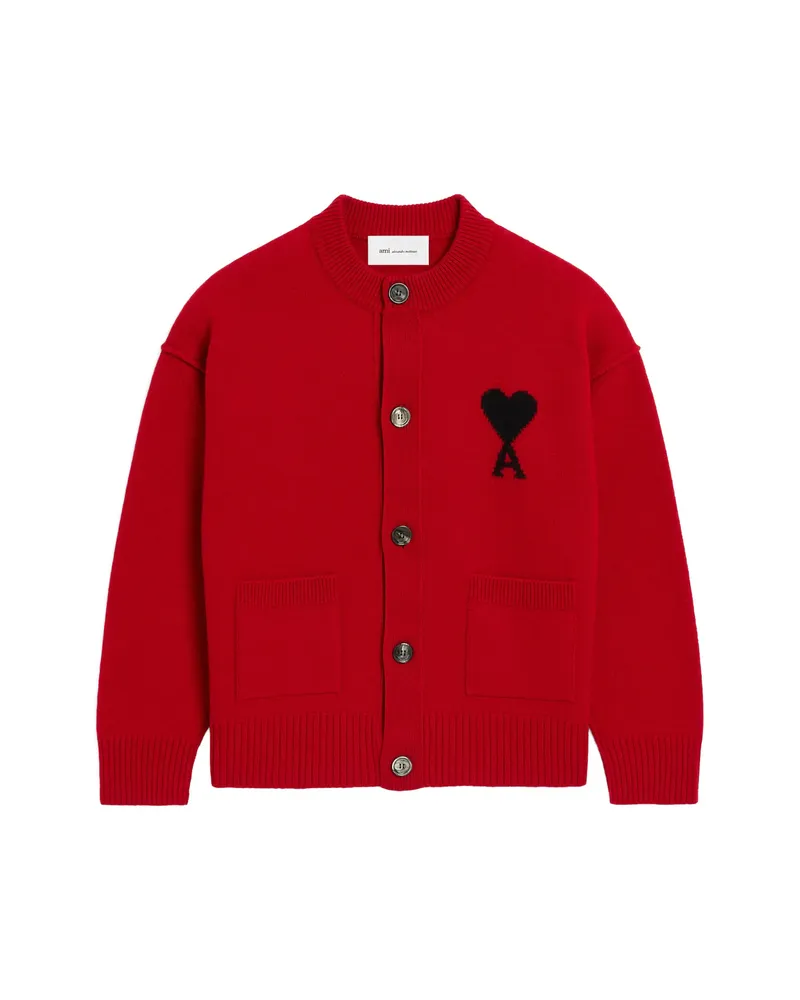 AMI Paris Crewneck Wool Cardigan With Ami De Coeur Red