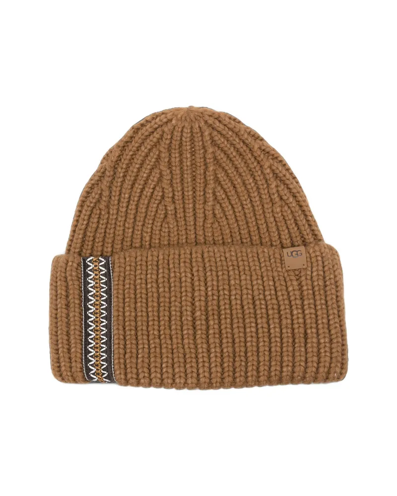 UGG Ribbed-knit Embroidered-trim Beanie Hat Brown