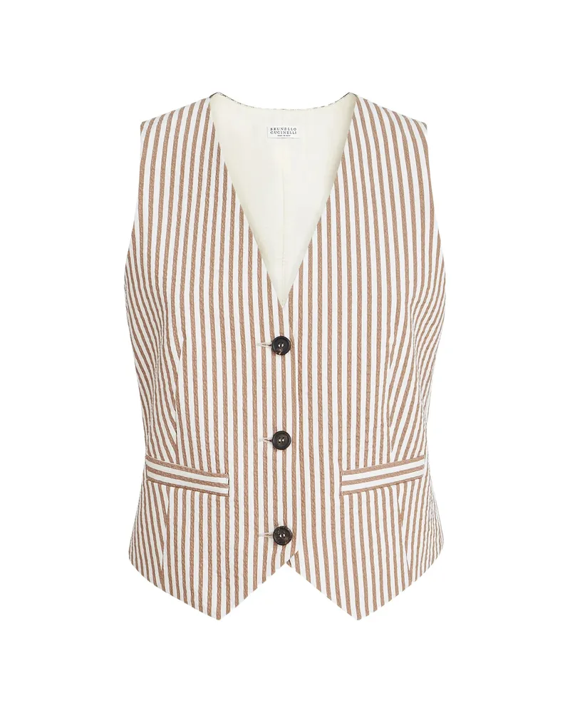 Brunello Cucinelli Techno-cotton Striped Seersucker Vest With Monili Neutrals
