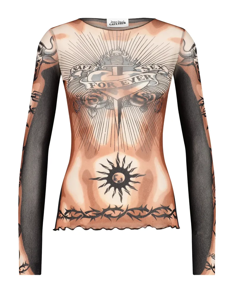 Jean Paul Gaultier Long-sleeves Tattoo-print Top Neutrals