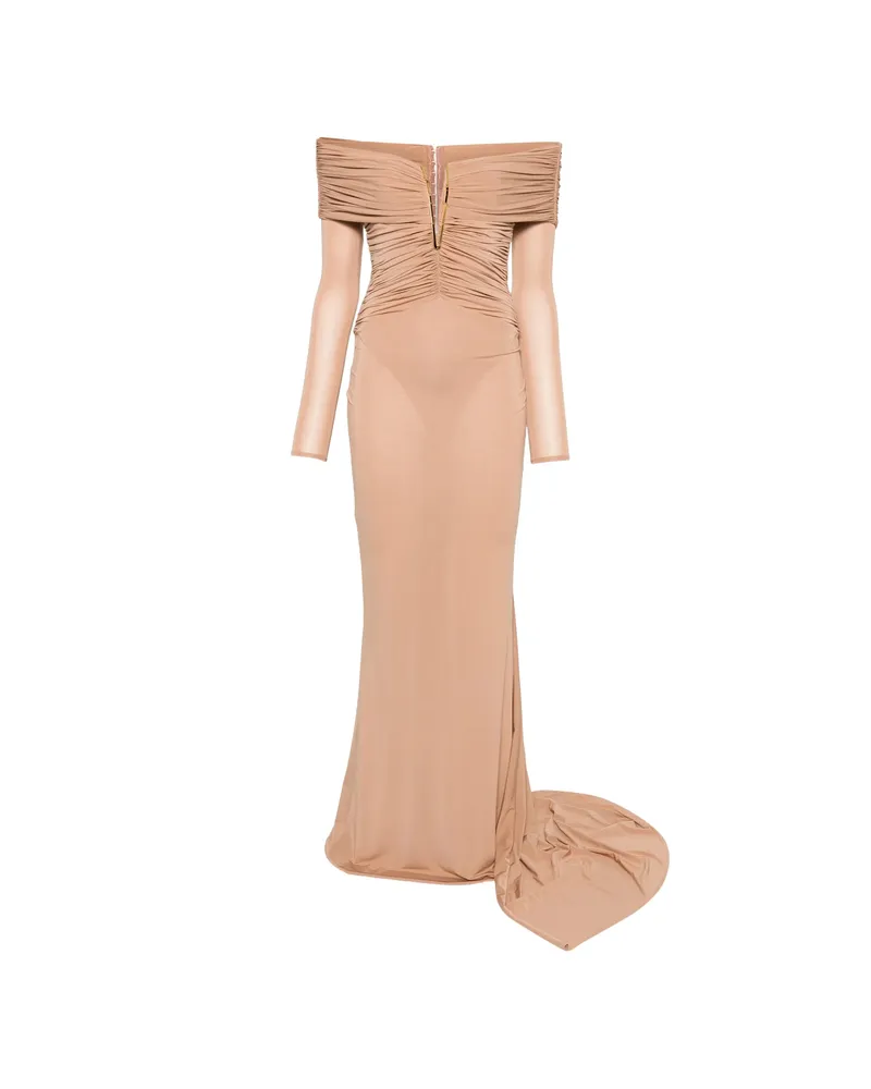 Elisabetta Franchi Ruched Off-shoulder Maxi Dress Neutrals