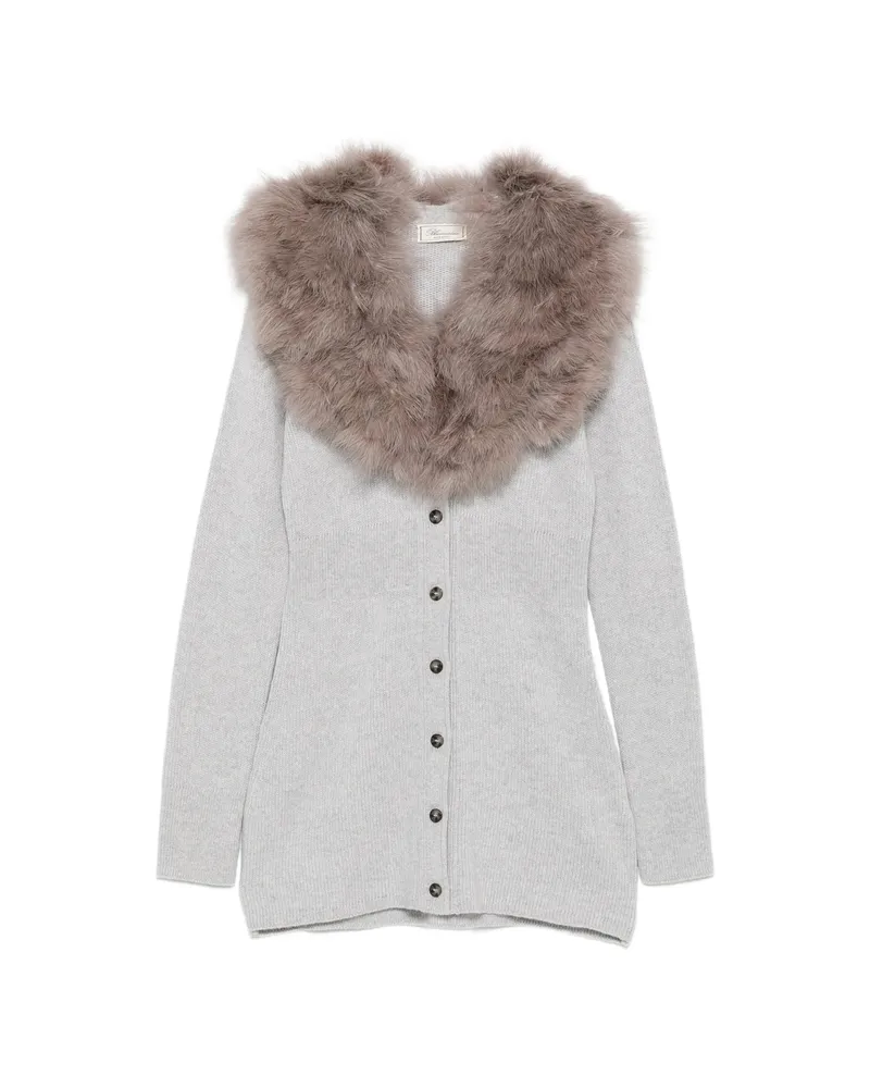 Blumarine Faux-fur Collar Ribbed Cardigan Grey