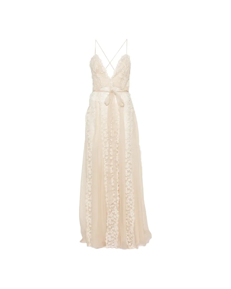 Fendi Floral-lace Belted Maxi Dress Neutrals