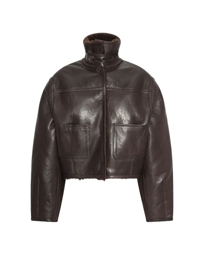 ROTATE Birger Christensen Bonded Fur Leather Jacket Dark Brown Brown