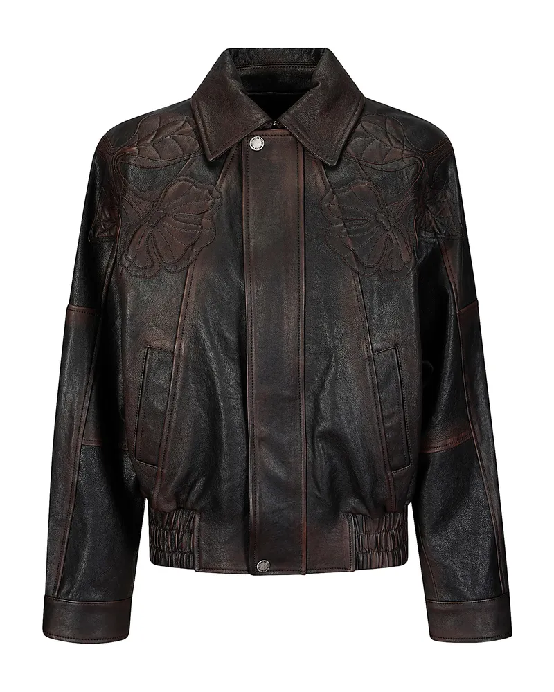 Golden Goose Floral-embroidered Leather Bomber Jacket Brown