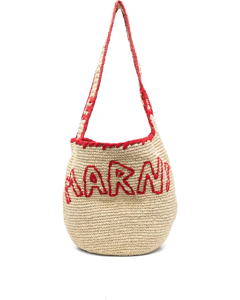 Marni Logo-embroidered Paper Shoulder Bag Neutrals