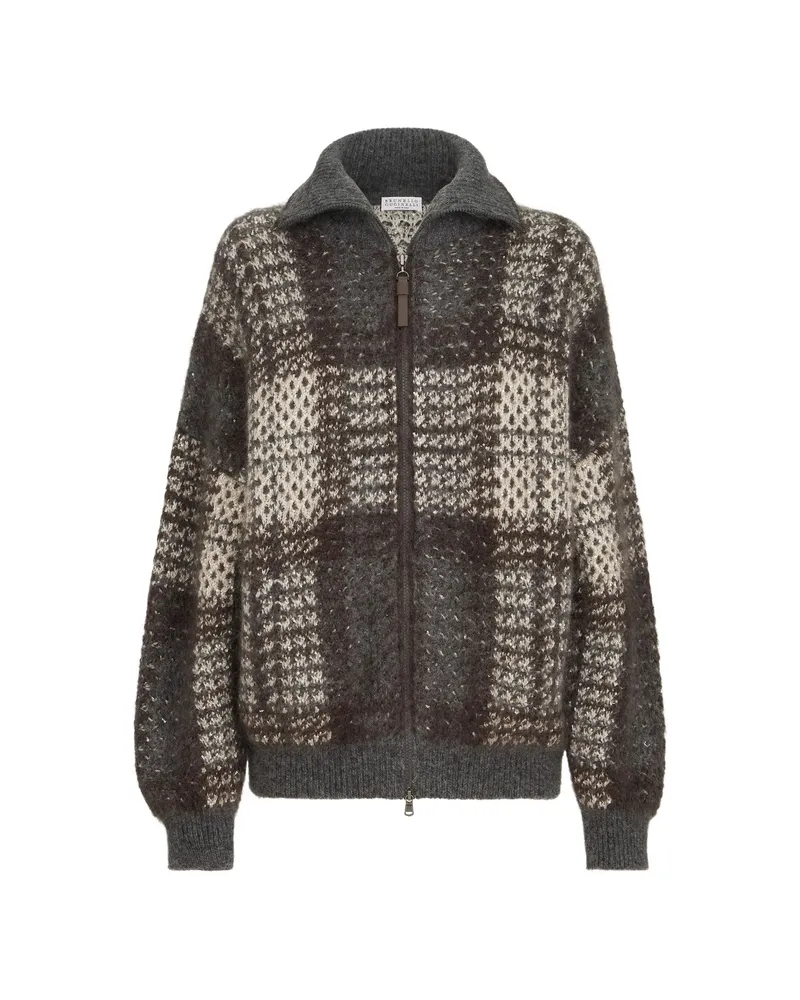Brunello Cucinelli Dazzling Tartan Double Knit Outerwear Jacket In Mohair, Virgin Wool And Cashmere With Shiny Zipper Pull Grey