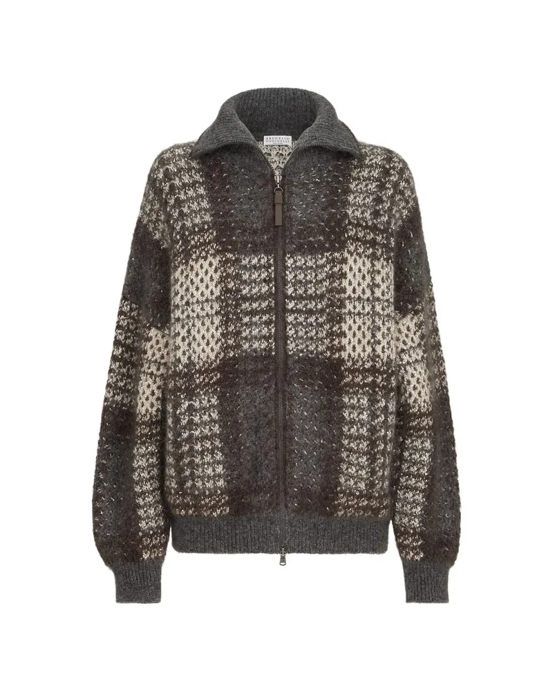 Brunello Cucinelli Dazzling Tartan Double Knit Outerwear Jacket In Mohair, Virgin Wool And Cashmere With Shiny Zipper Pull Grey