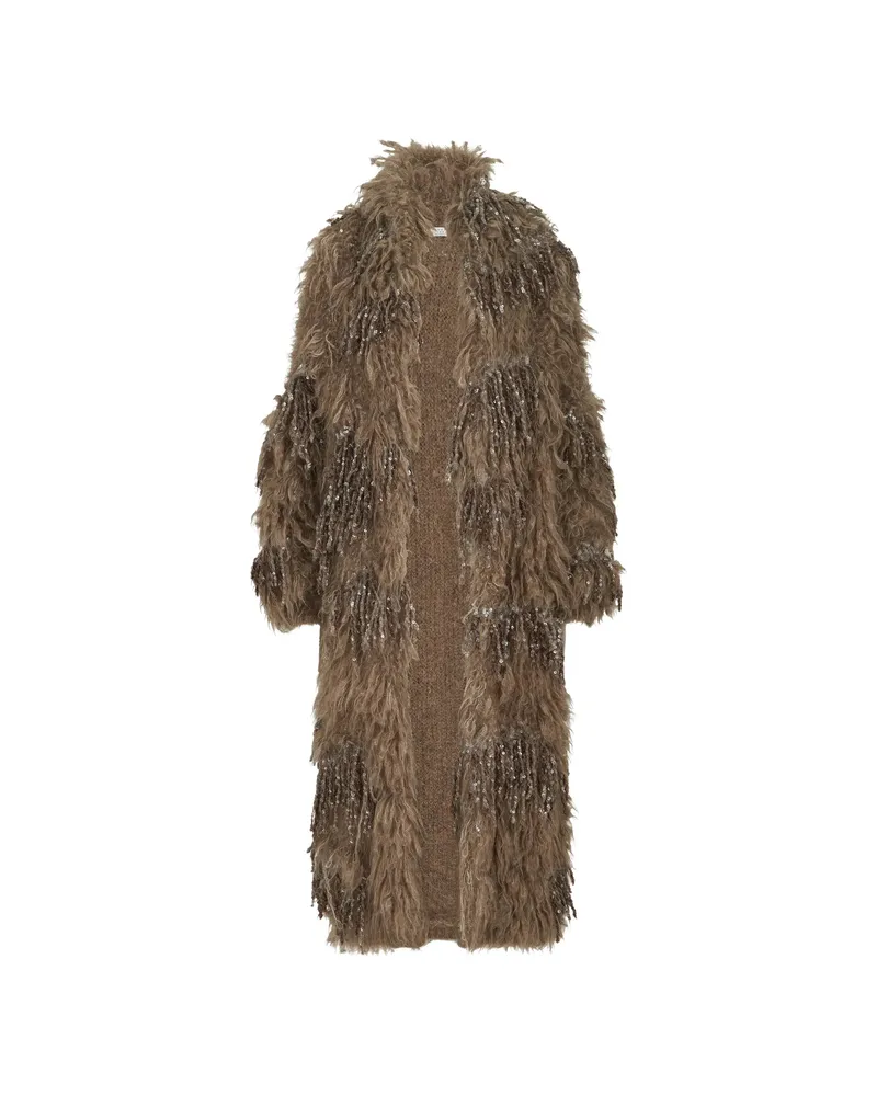Brunello Cucinelli Dazzling Moss Embroidery Long Cardigan In Mohair And Wool Brown