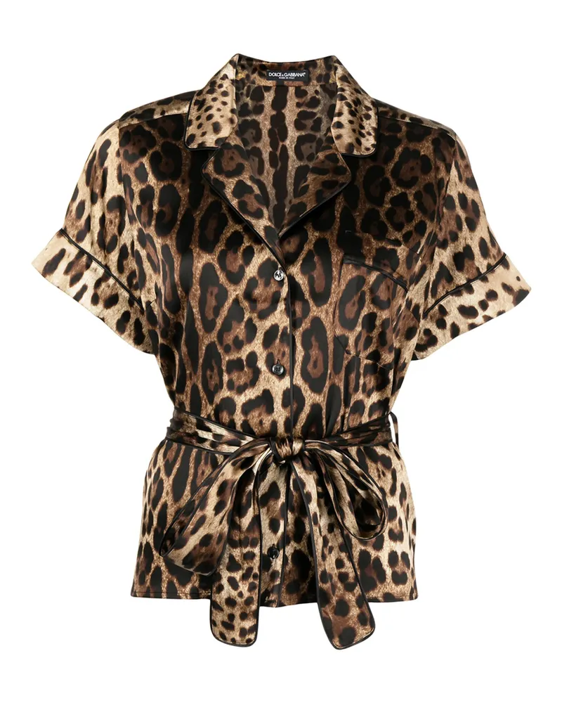 Dolce & Gabbana Leopard-print Belted Silk Shirt Brown