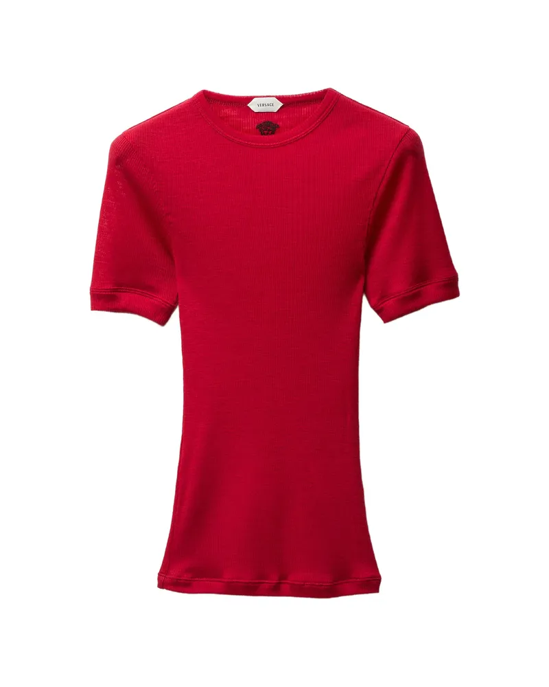 Versace Embroidered Wool Ribbed Knit T-shirt Red