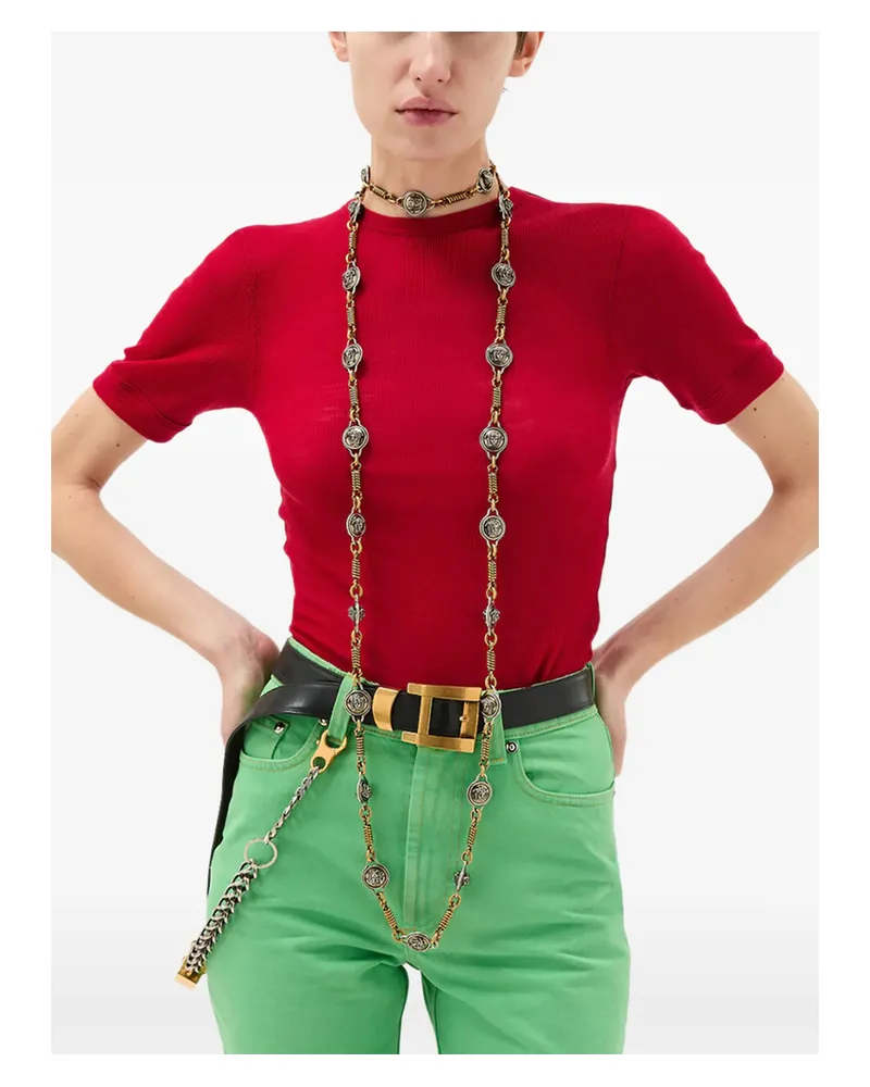 Versace Embroidered Wool Ribbed Knit T-shirt Red