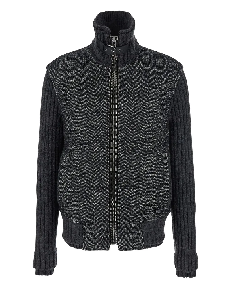 Dolce & Gabbana Herringbone-pattern Ribbed-knit Bomber Jacket Grey