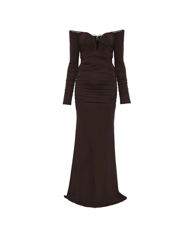 Elisabetta Franchi Off-the-shoulder Gathered Maxi Dress Brown