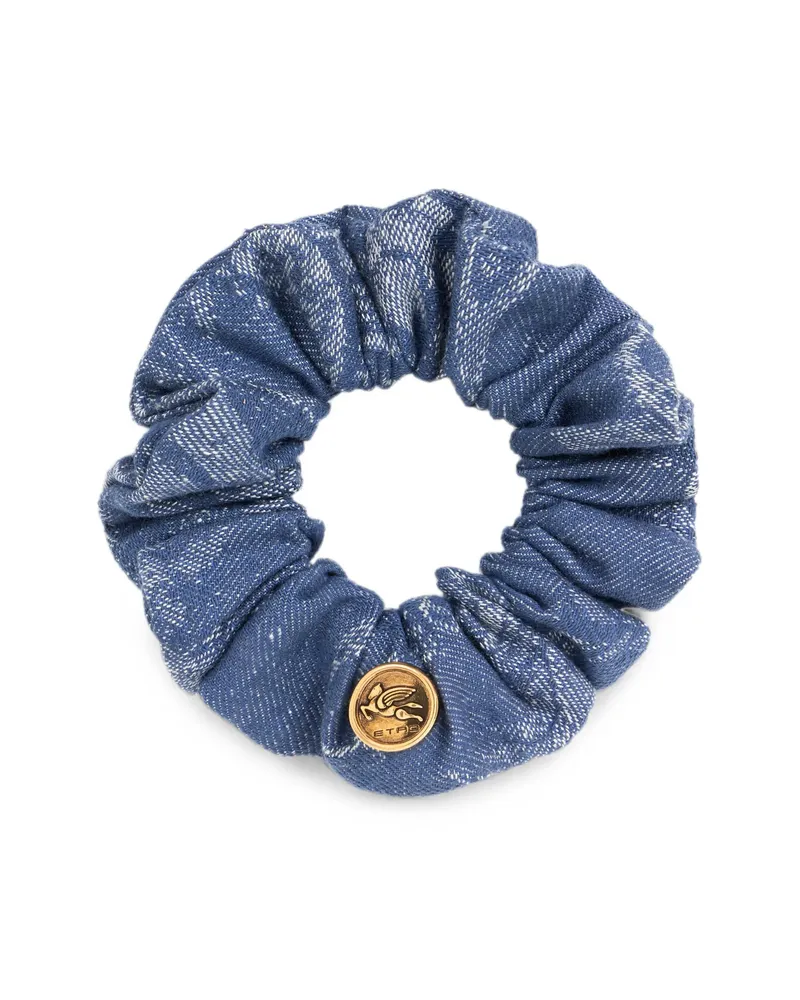 Etro COTTON AND LINEN JACQUARD DENIM SCRUNCHIE WITH LEAFY MOTIF Blue