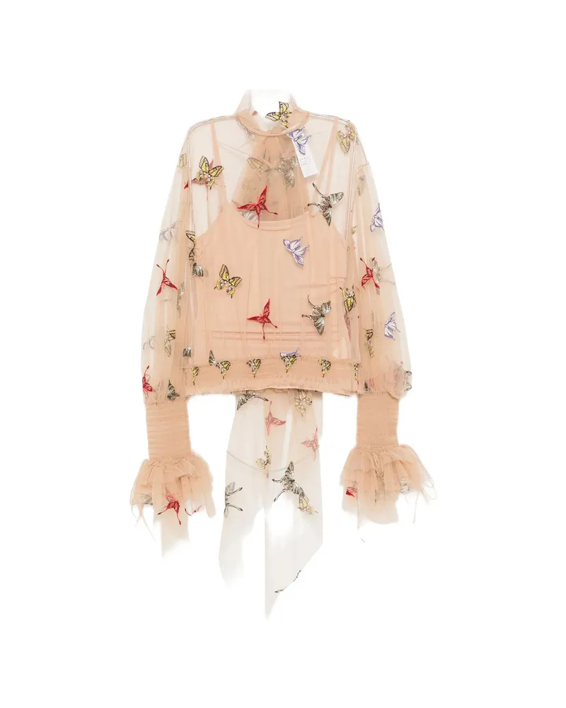 Blumarine Butterfly-embroidered Mesh Blouse Neutrals